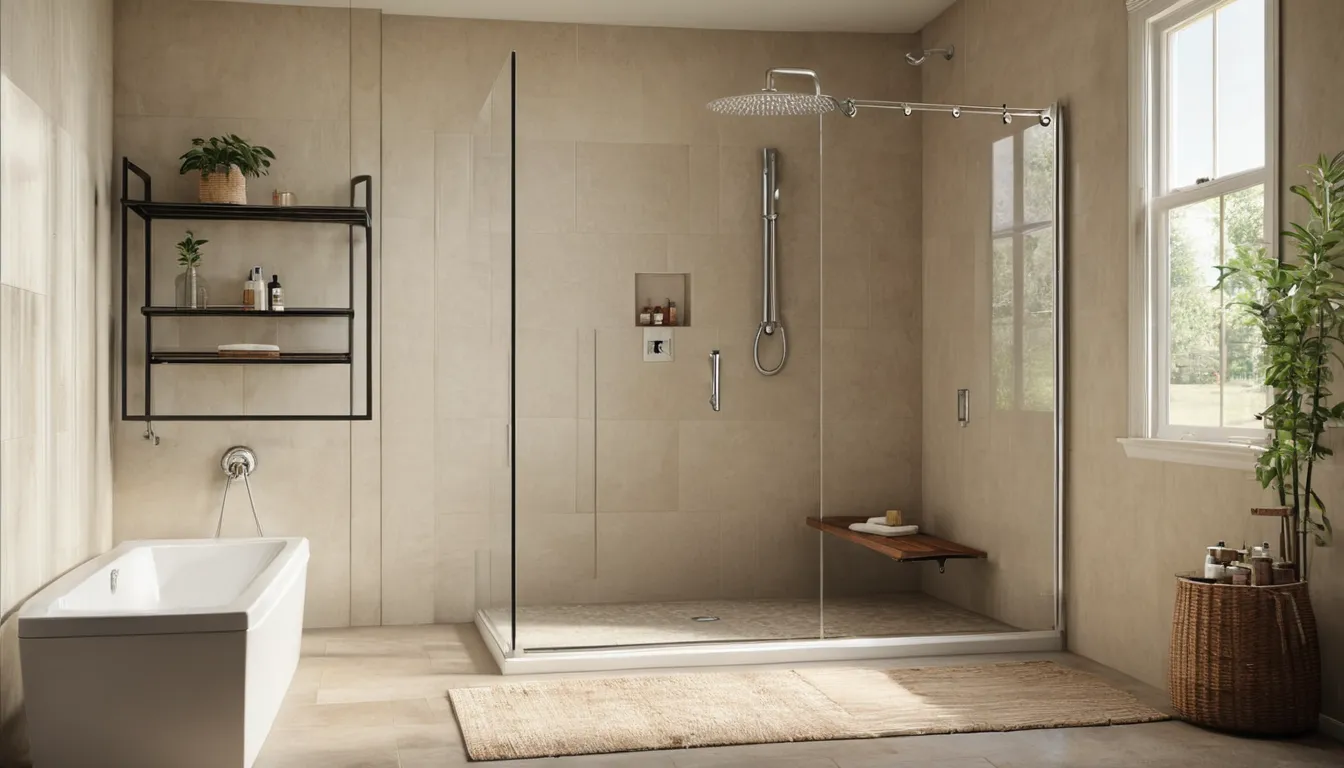 A low-threshold accessible shower with a bench and grab bar