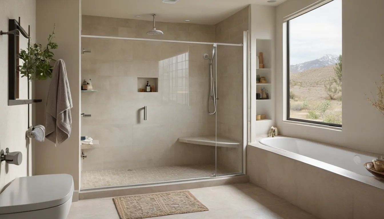 Smiling homeowner stepping into a bright, low-threshold walk-in shower with a bench and grab bar in a home in Whittier